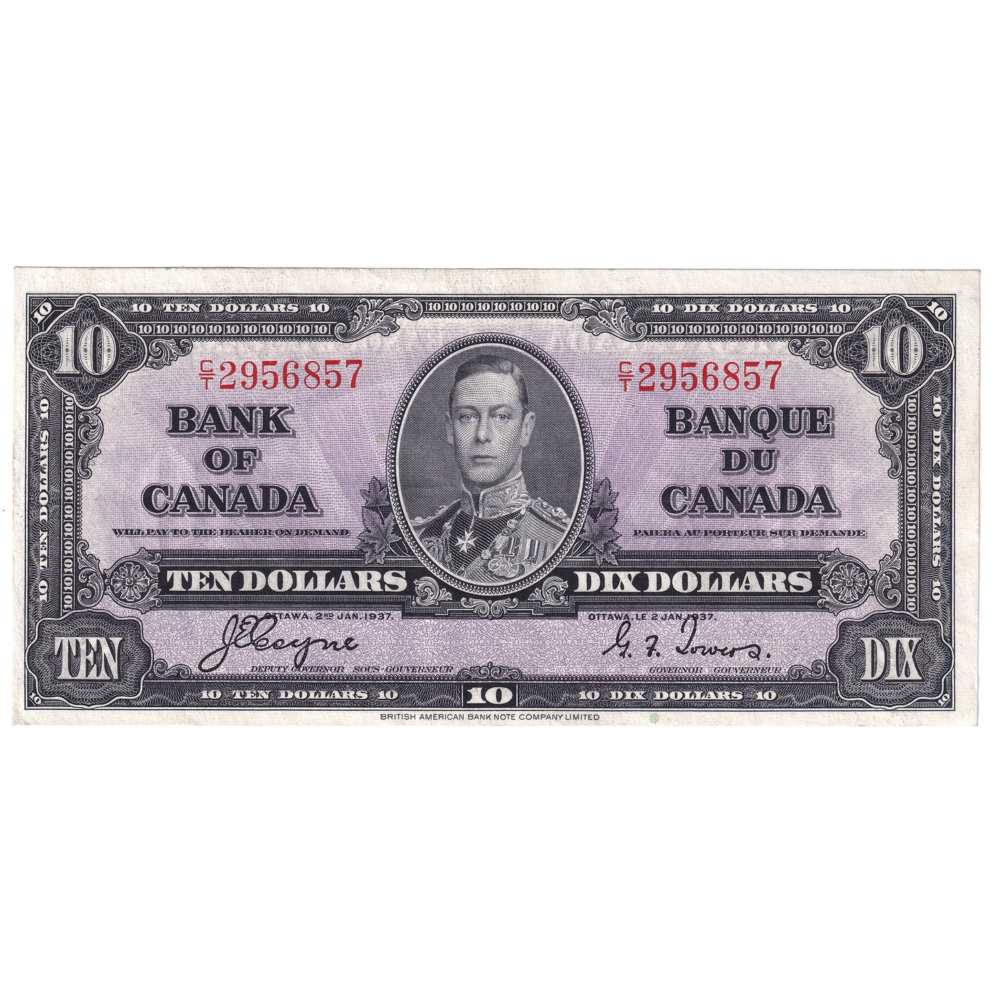 BC-24c 1937 Canada $10 Coyne-Towers, C/T, AU