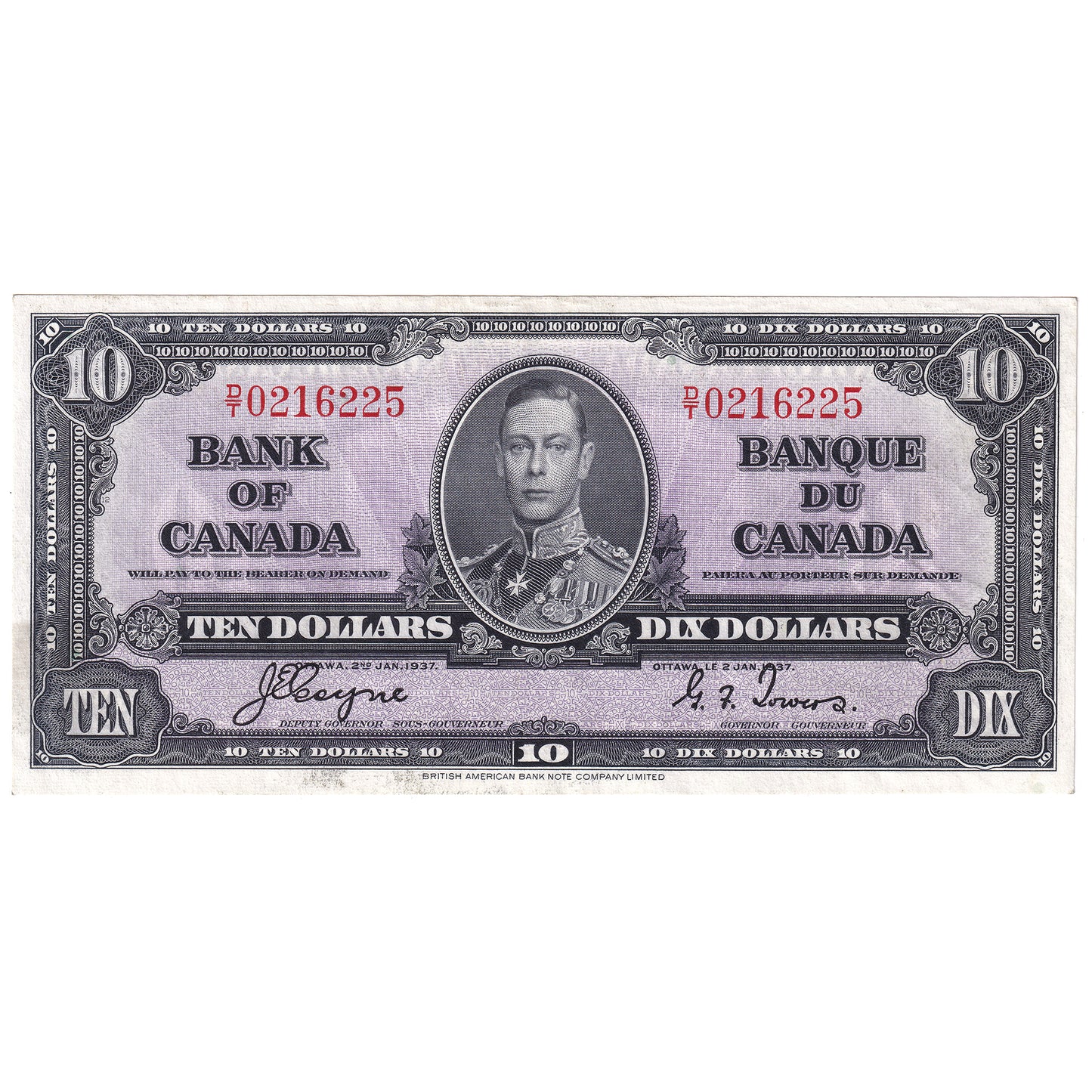 BC-24c 1937 Canada $10 Coyne-Towers, D/T, AU