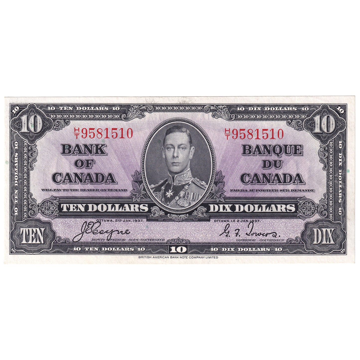 BC-24c 1937 Canada $10 Coyne-Towers, H/T, AU-UNC