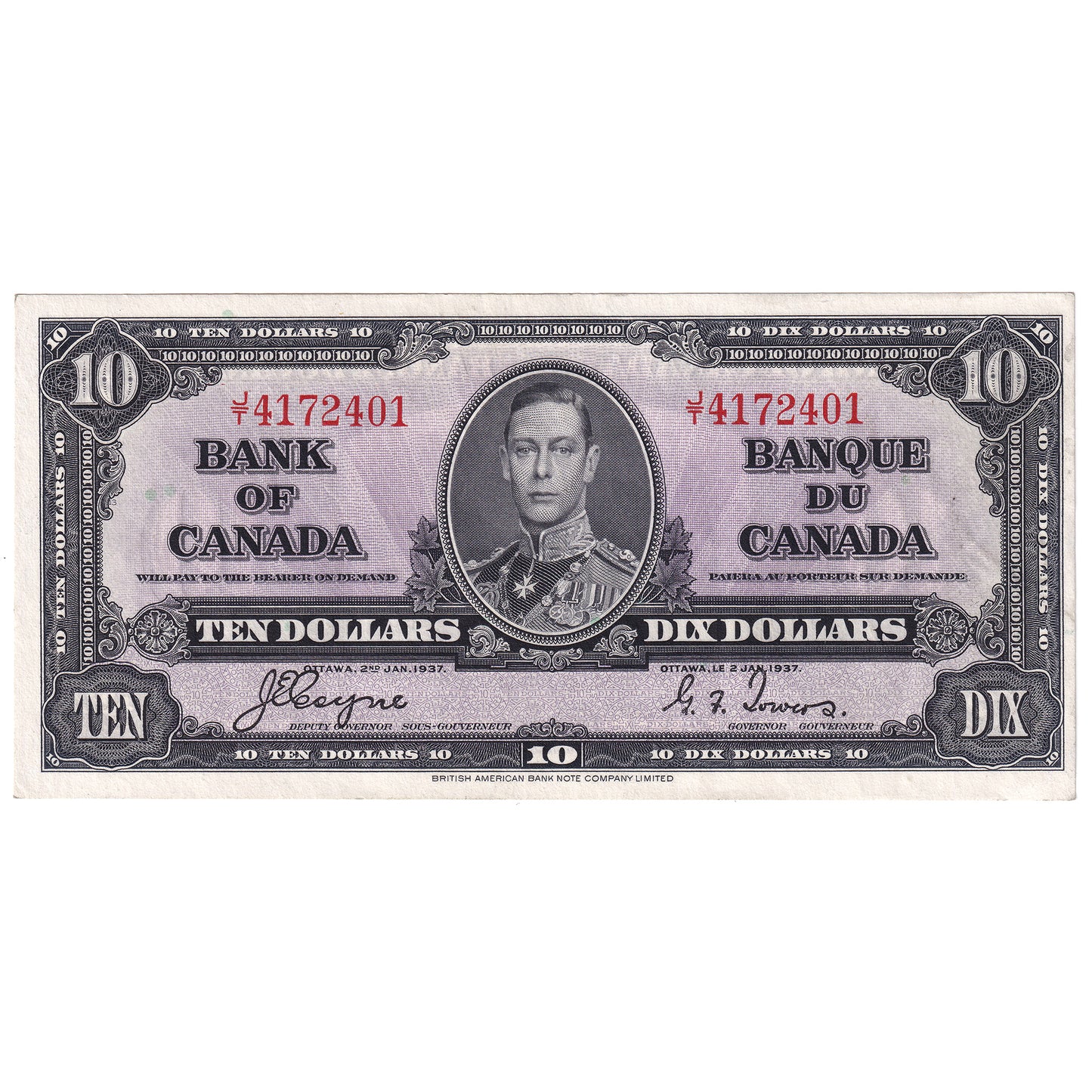 BC-24c 1937 Canada $10 Coyne-Towers, J/T, AU