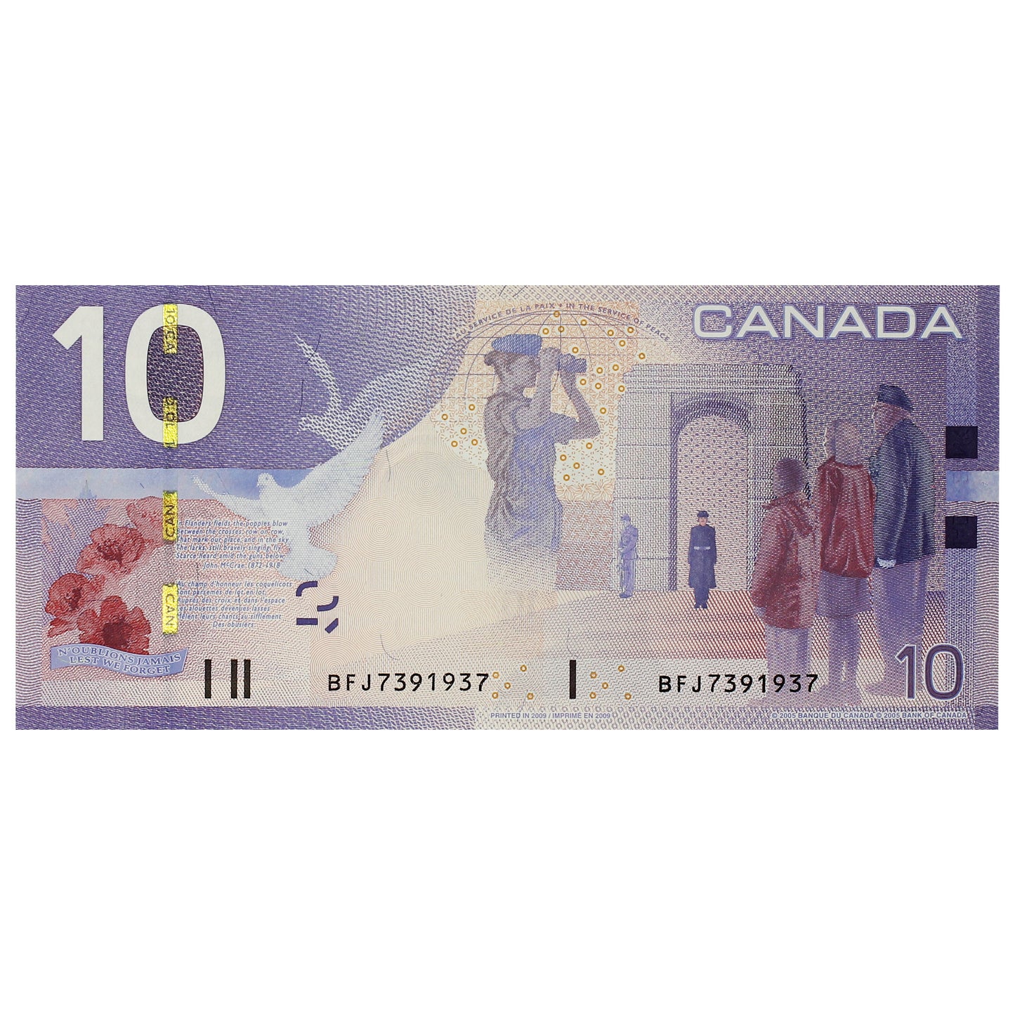 BC-68b-N1-iii 2009 Canada $10 Jenkins-Carney, 4 Digit RADAR BFJ7391937, UNC