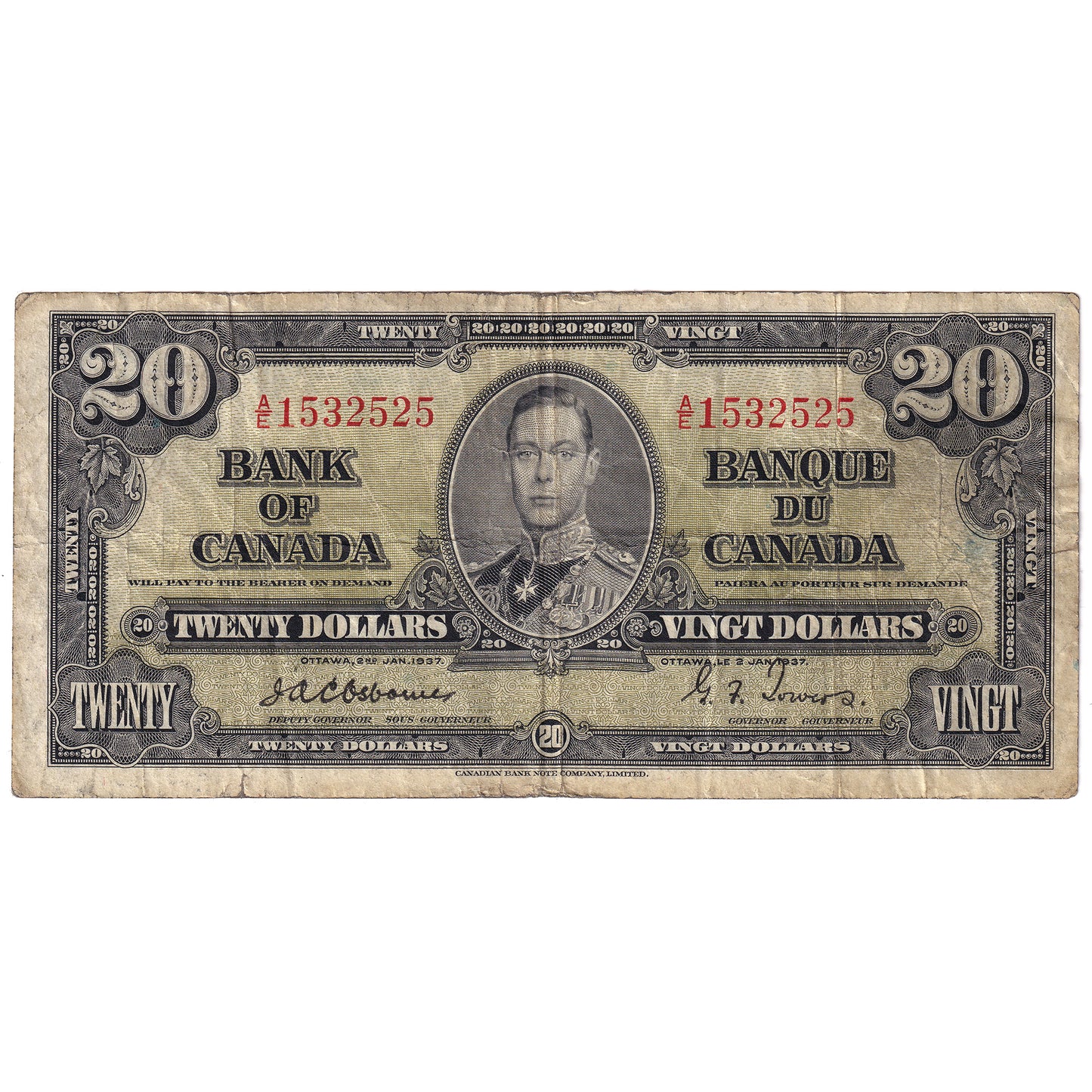 BC-25a 1937 Canada $20 Osborne-Towers, A/E, F