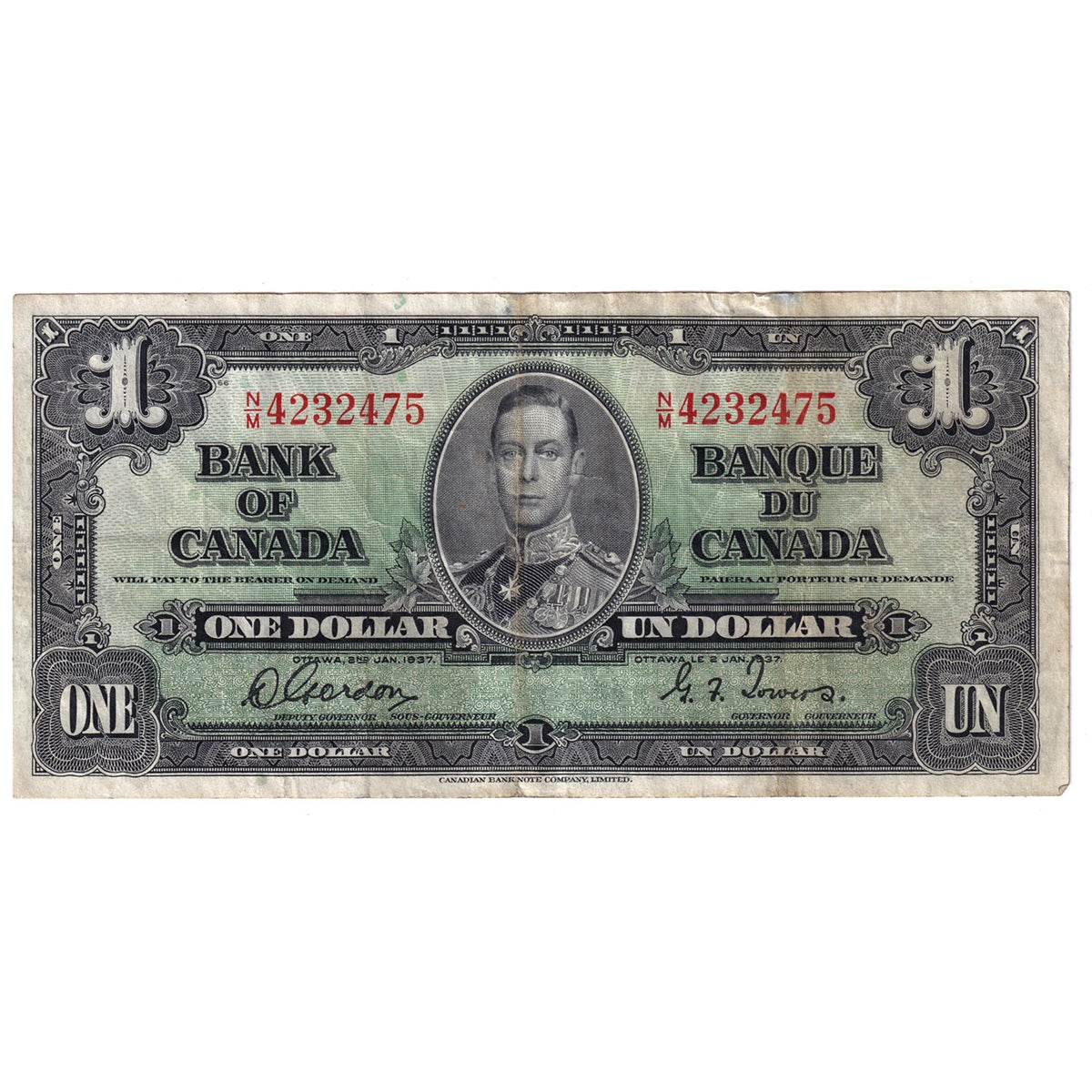 BC-21c 1937 Canada $1 Gordon-Towers, N/M, VF