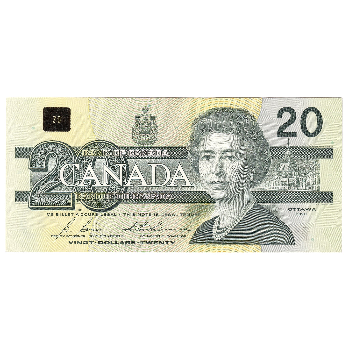 BC-58b-i 1991 Canada $20 Bonin-Thiessen, ASW, Almost Uncirculated (AU50)