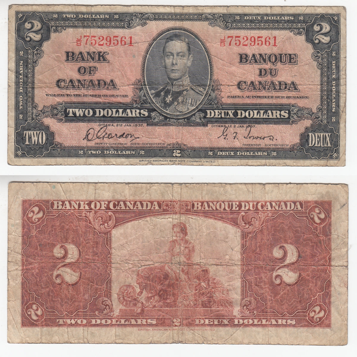 BC-22b 1937 Canada $2 Gordon-Towers, J/B, Very Good (VG8)