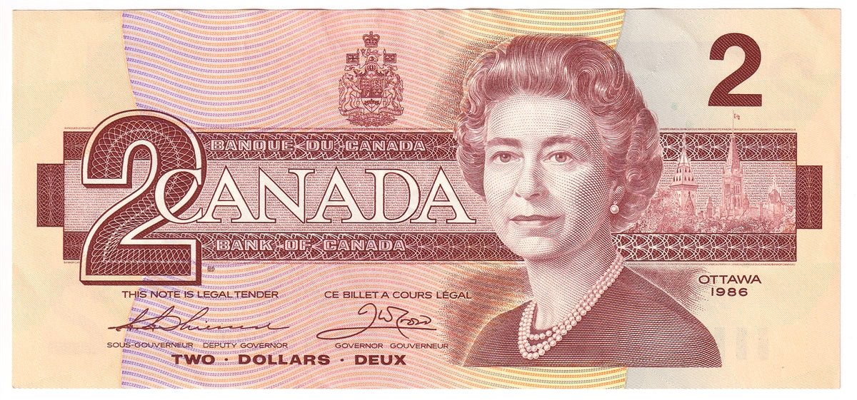 BC-55b 1986 Canada $2 Thiessen-Crow, BBD, Almost Uncirculated (AU50)
