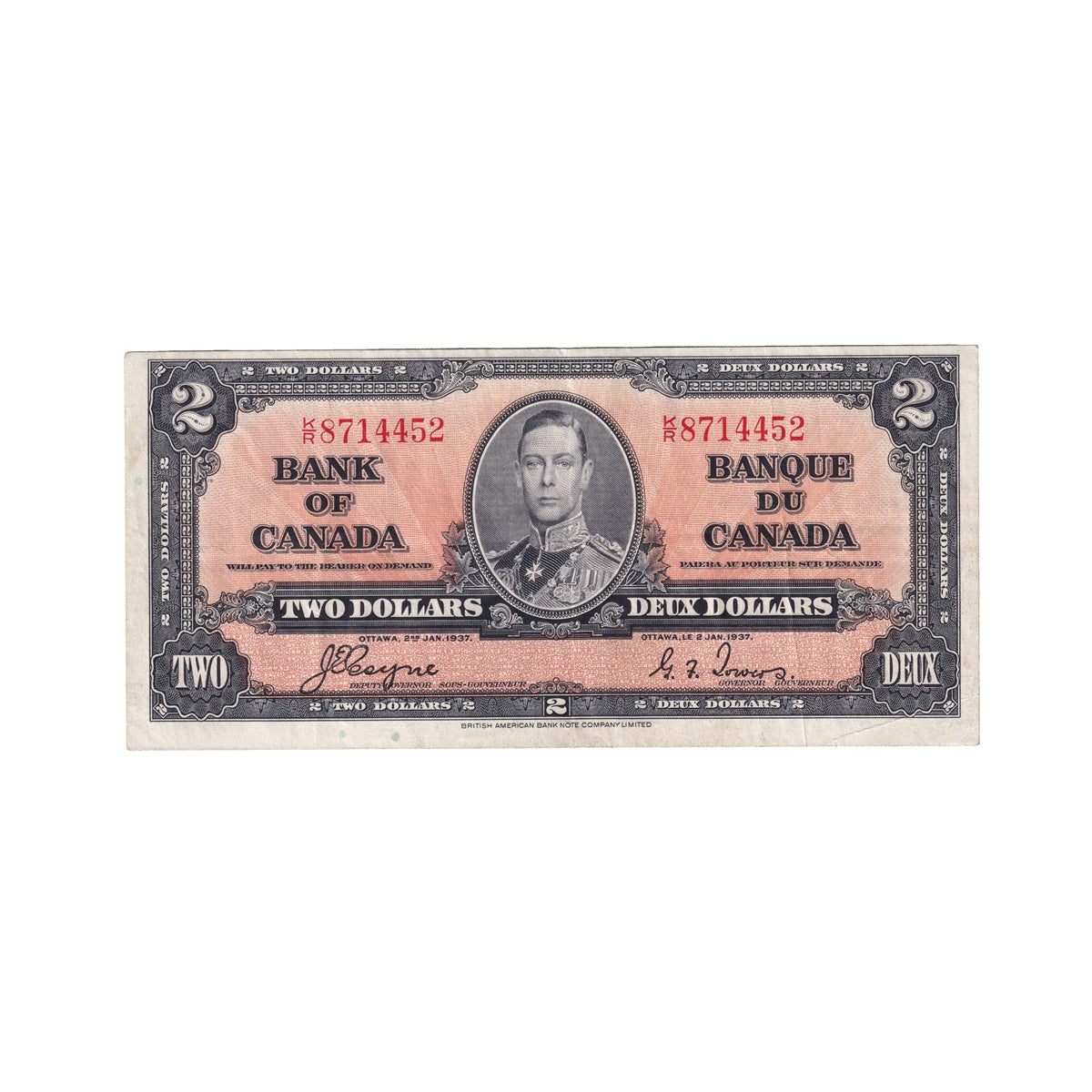 BC-22c 1937 Canada $2 Coyne-Towers, K/R, VF-EF