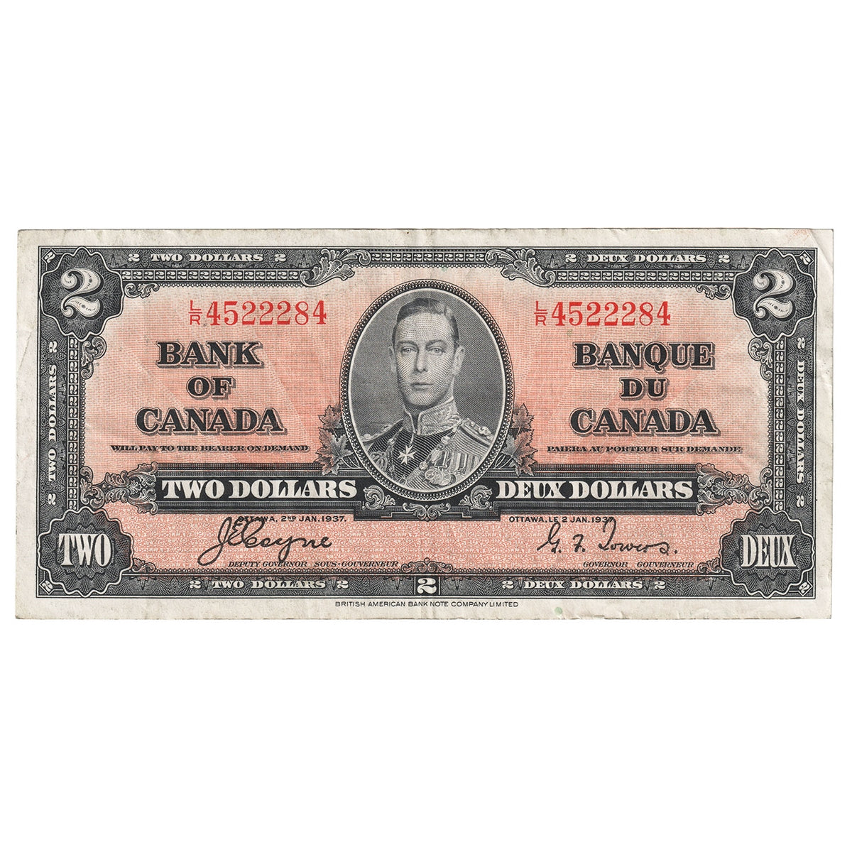 BC-22c 1937 Canada $2 Coyne-Towers, L/R, VF-EF