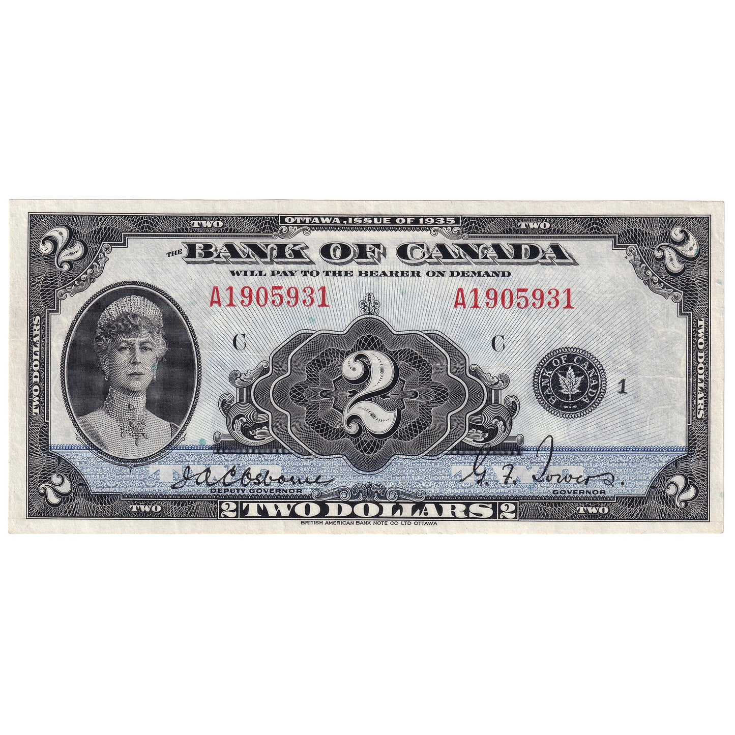 BC-3 1935 Canada $2 Osborne-Towers, English, EF