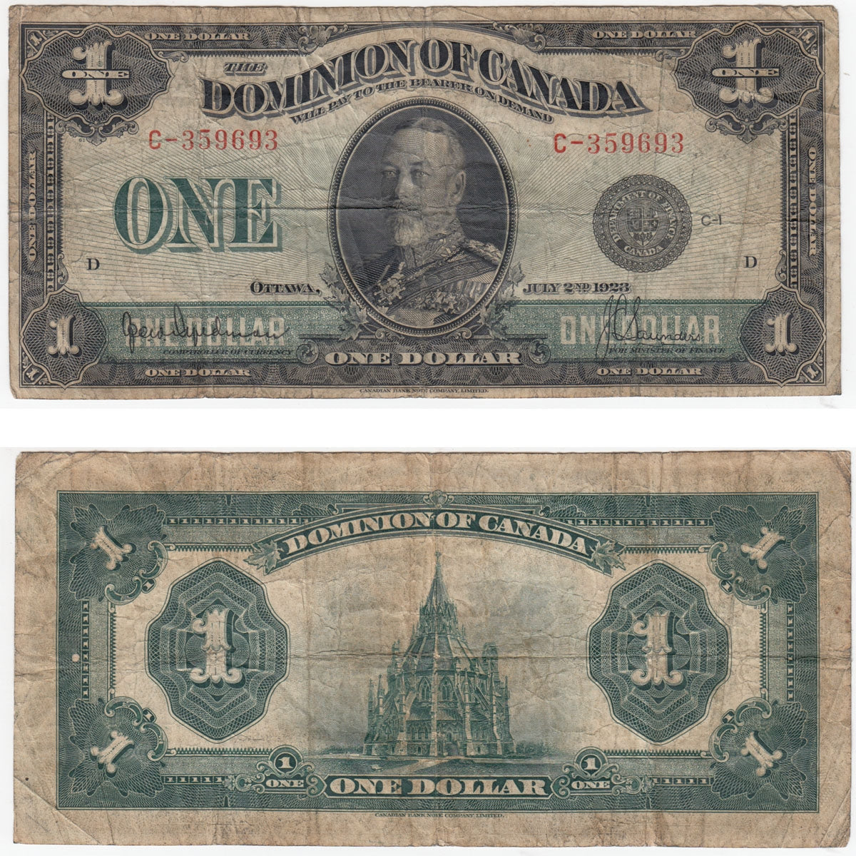 DC-25a 1923 Dominion $1 Hyndman-Saunders, Black Seal Group 1, Fine (F12)