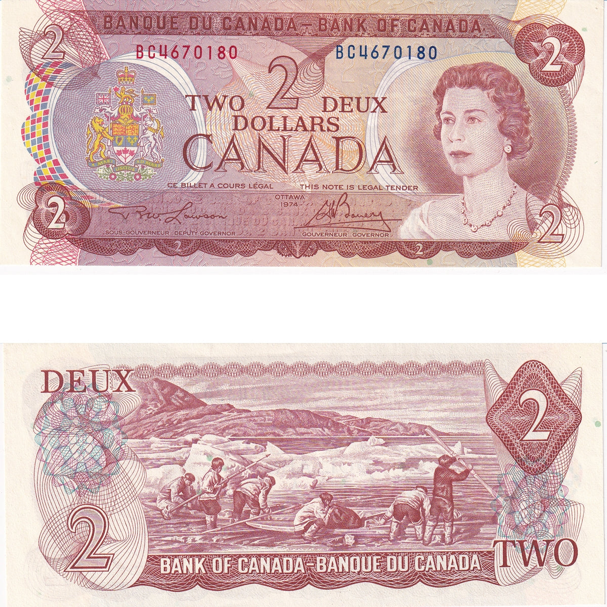 BC-47a 1974 Canada $2 Lawson-Bouey, BC, Original Tint, AU-UNC (AU55)
