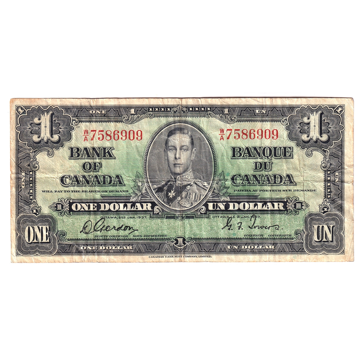 BC-21c 1937 Canada $1 Gordon-Towers, W/A, F-VF