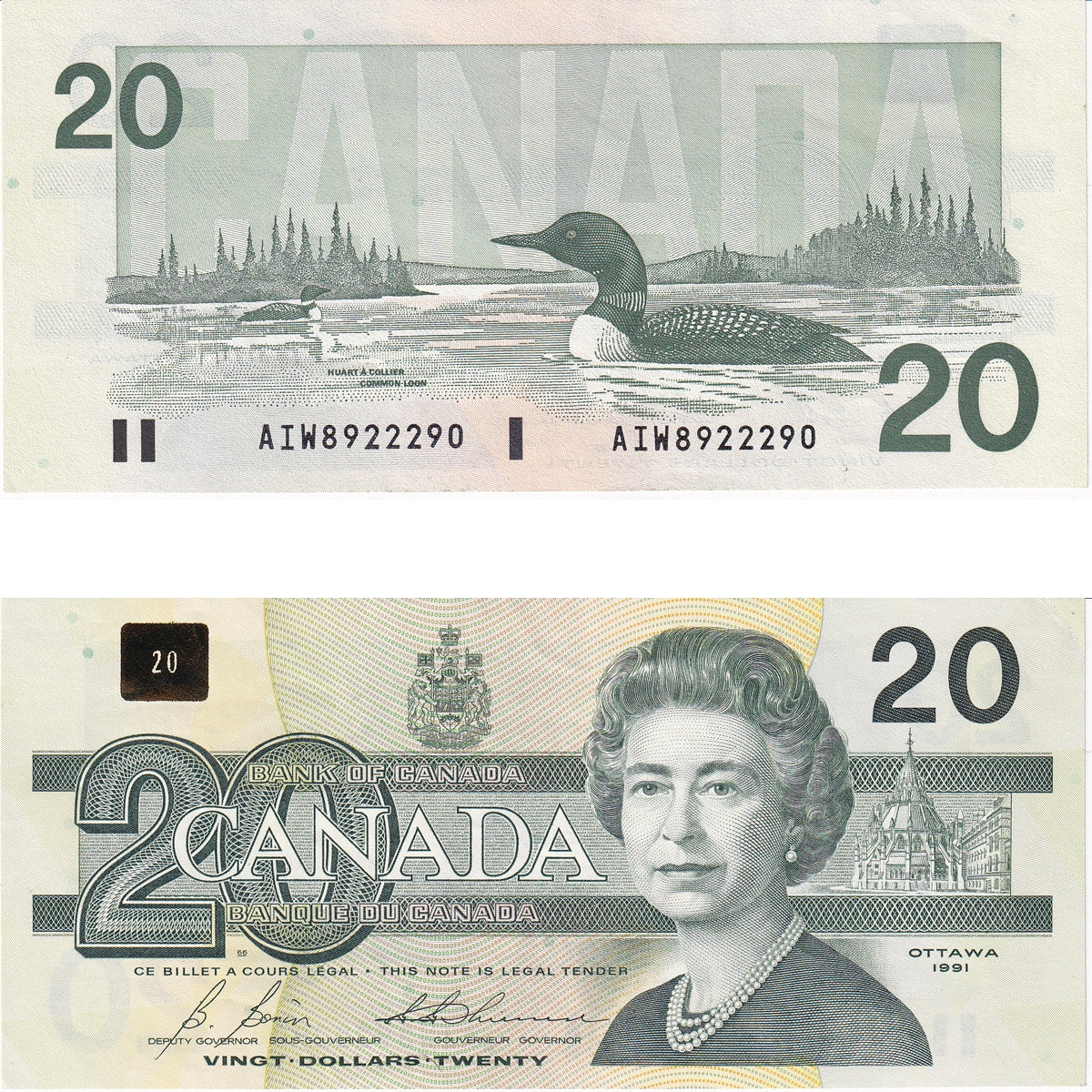 BC-58b-i 1991 Canada $20 Bonin-Thiessen, AIW, AU-UNC (AU55)