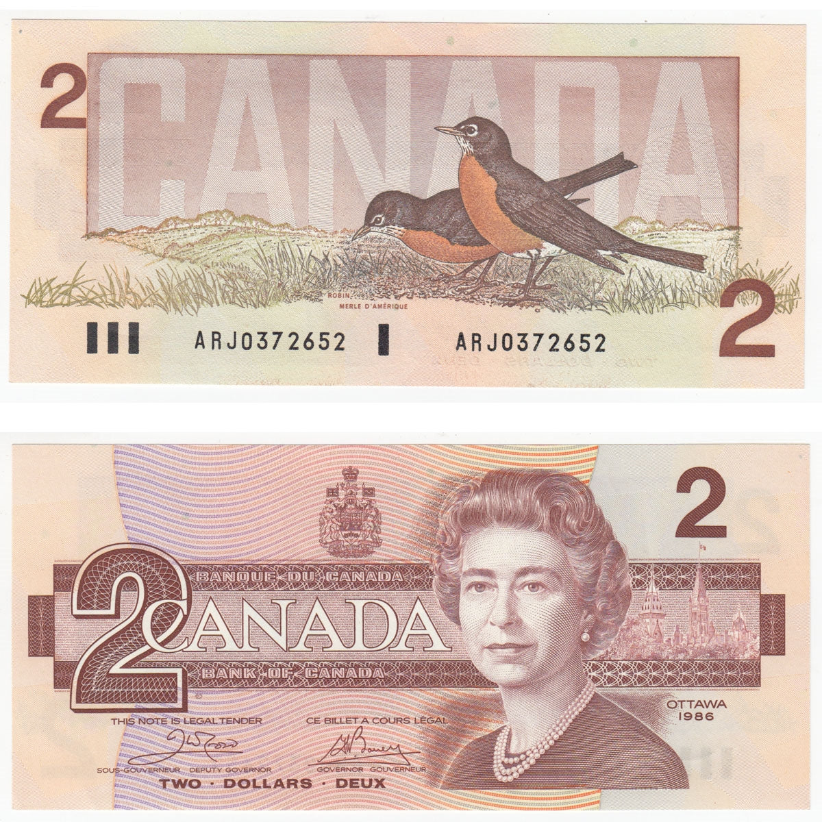 BC-55a 1986 Canada $2 Crow-Bouey, ARJ, Almost Uncirculated (AU50)