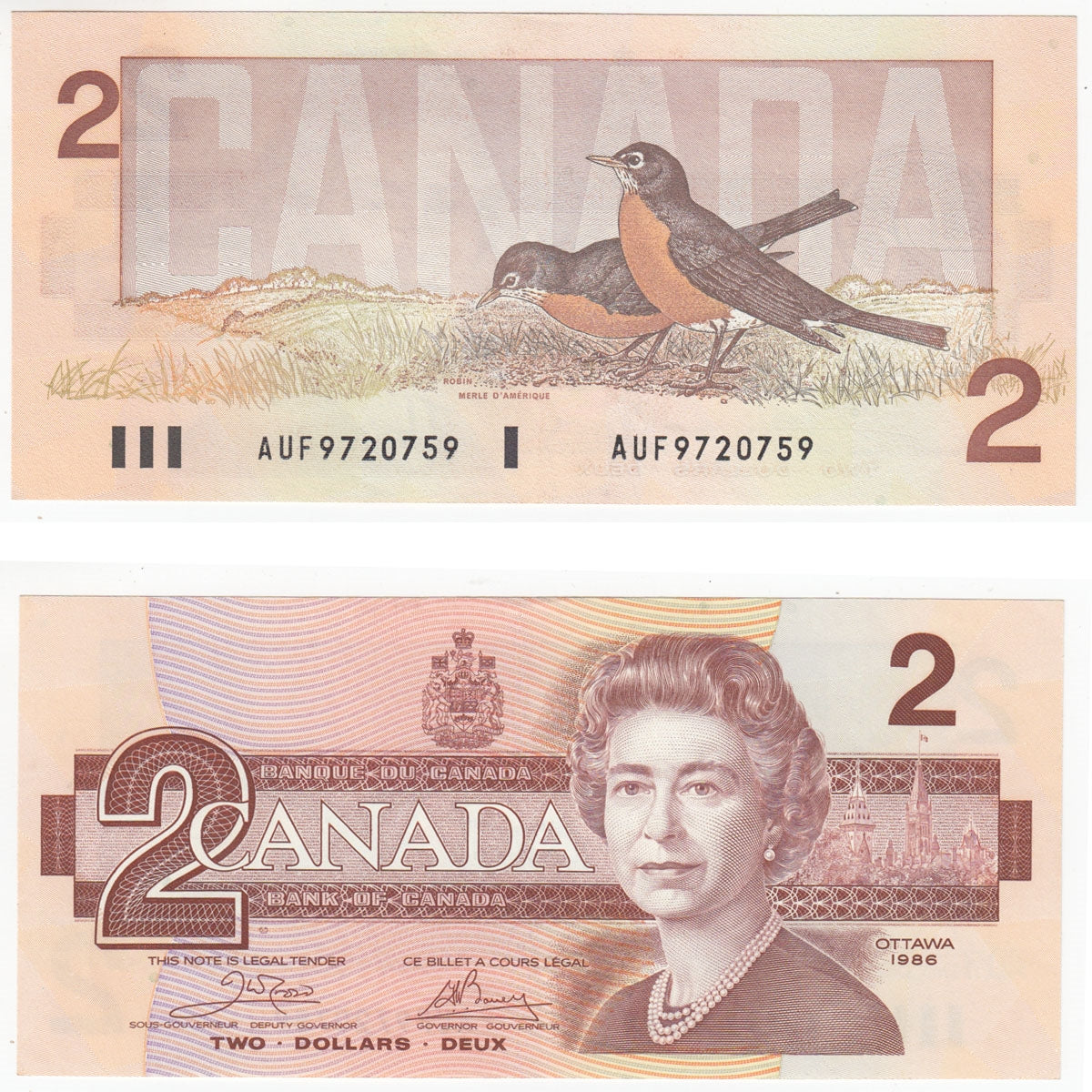 BC-55a 1986 Canada $2 Crow-Bouey, AUF, Almost Uncirculated (AU50)