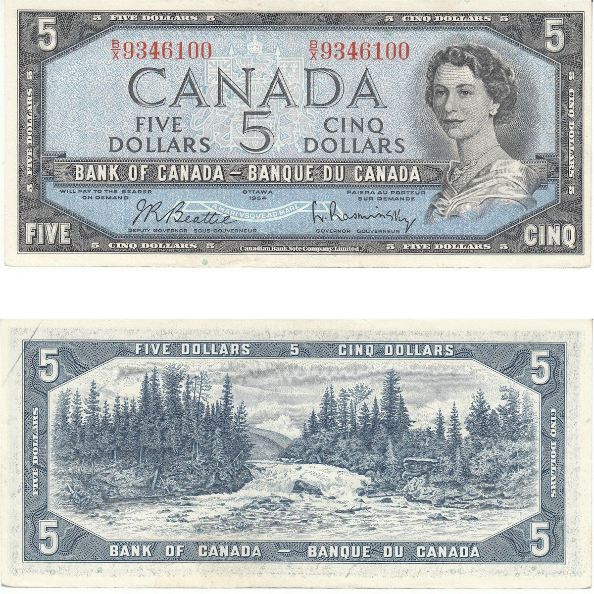BC-39b 1954 Canada $5 Beattie-Rasminsky, B/X, EF-AU