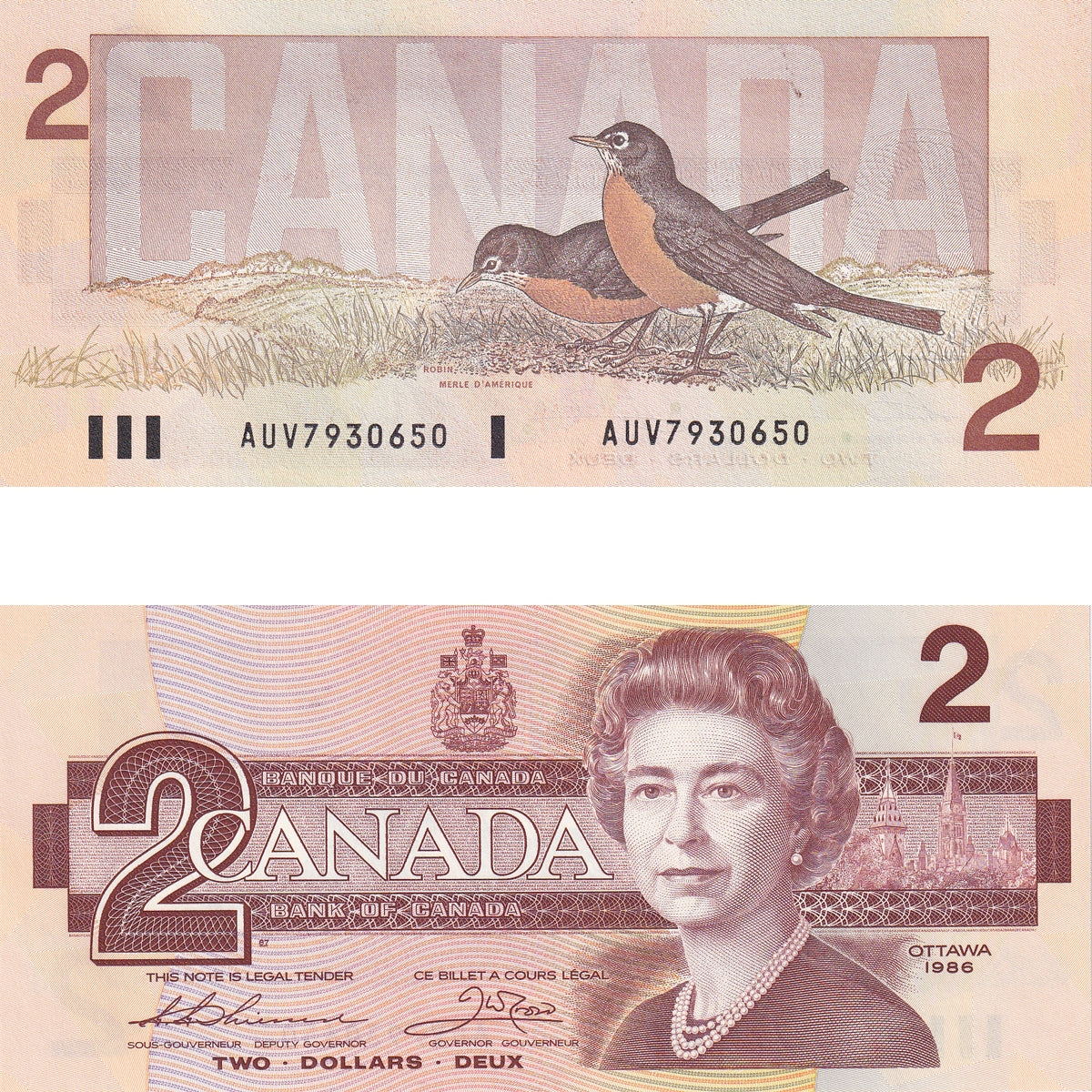 BC-55b 1986 Canada $2 Thiessen-Crow, AUV, Choice Uncirculated (CUNC63)