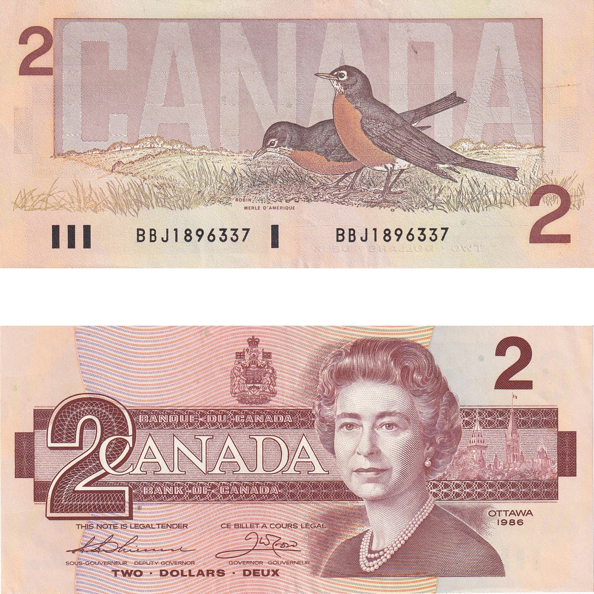 BC-55b 1986 Canada $2 Thiessen-Crow, BBJ, Almost Uncirculated (AU50)
