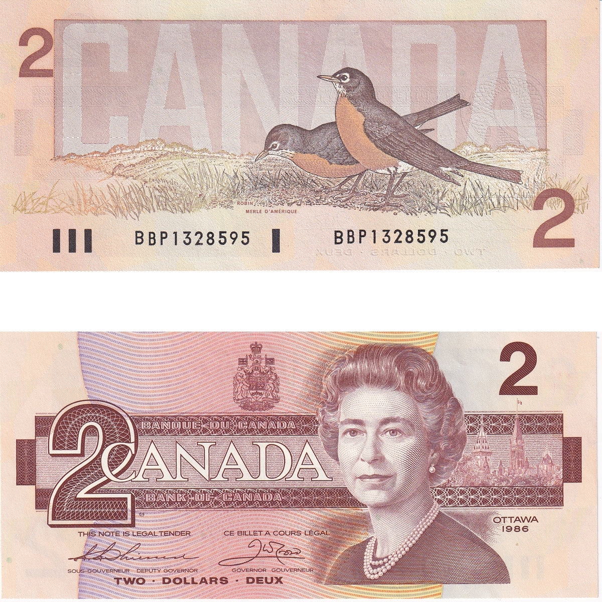 BC-55b 1986 Canada $2 Thiessen-Crow, BBP Large B's, Uncirculated (MS60)