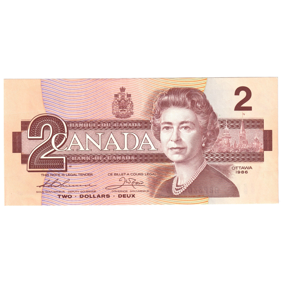BC-55b 1986 Canada $2 Thiessen-Crow, BBP, Large Bs, AU-UNC (AU55)