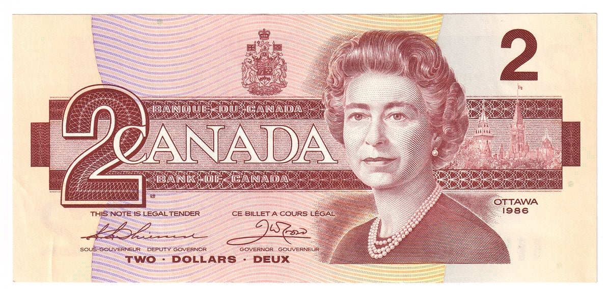 BC-55b 1986 Canada $2 Thiessen-Crow, BGE, Almost Uncirculated (AU50)