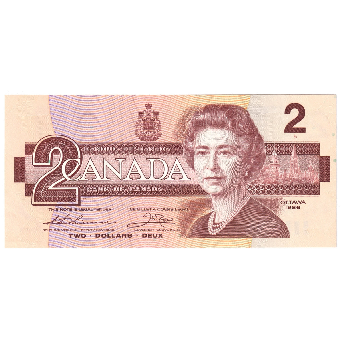 BC-55b 1986 Canada $2 Thiessen-Crow, BGR, Large/Small B's, AU-UNC (AU55)