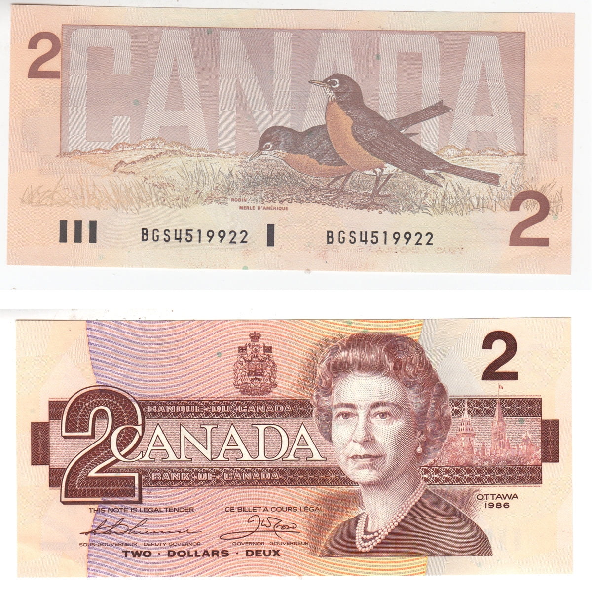 BC-55b 1986 Canada $2 Thiessen-Crow, BGS, Almost Uncirculated (AU50)