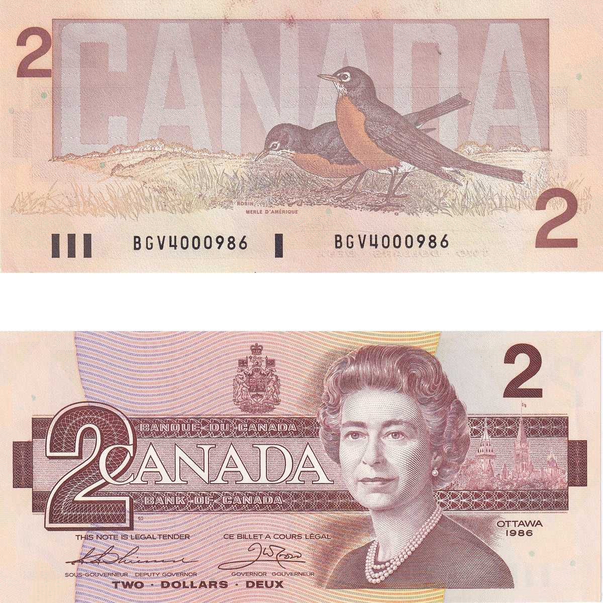 BC-55b 1986 Canada $2 Thiessen-Crow, BGV, Almost Uncirculated (AU50)
