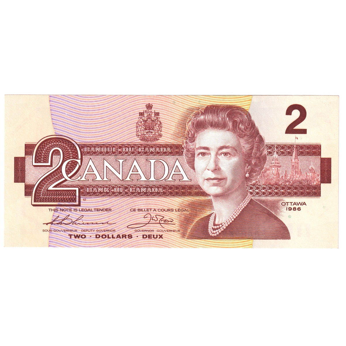 BC-55bA 1986 Canada $2 Thiessen-Crow, Small BBX, Almost Uncirculated (AU50)