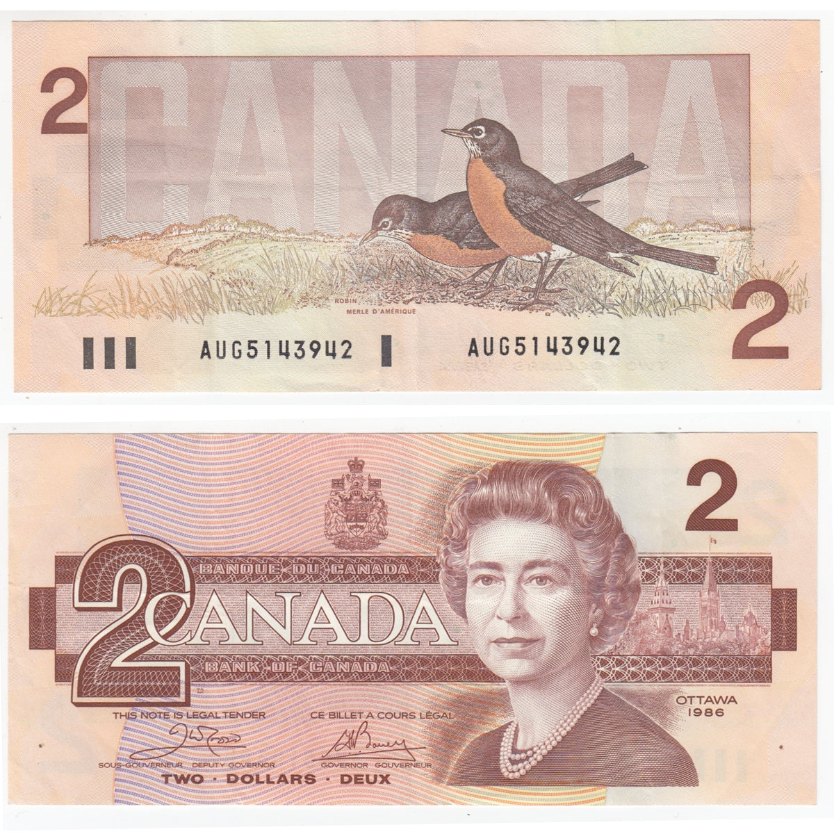 BC-55a 1986 Canada $2 Crow-Bouey, AUG, VF-EF (VF30)