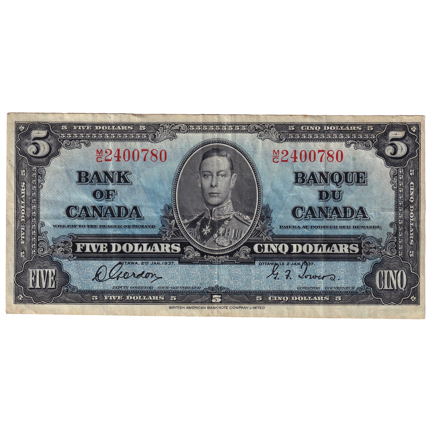BC-23b 1937 Canada $5 Gordon-Towers, M/C, VF-EF