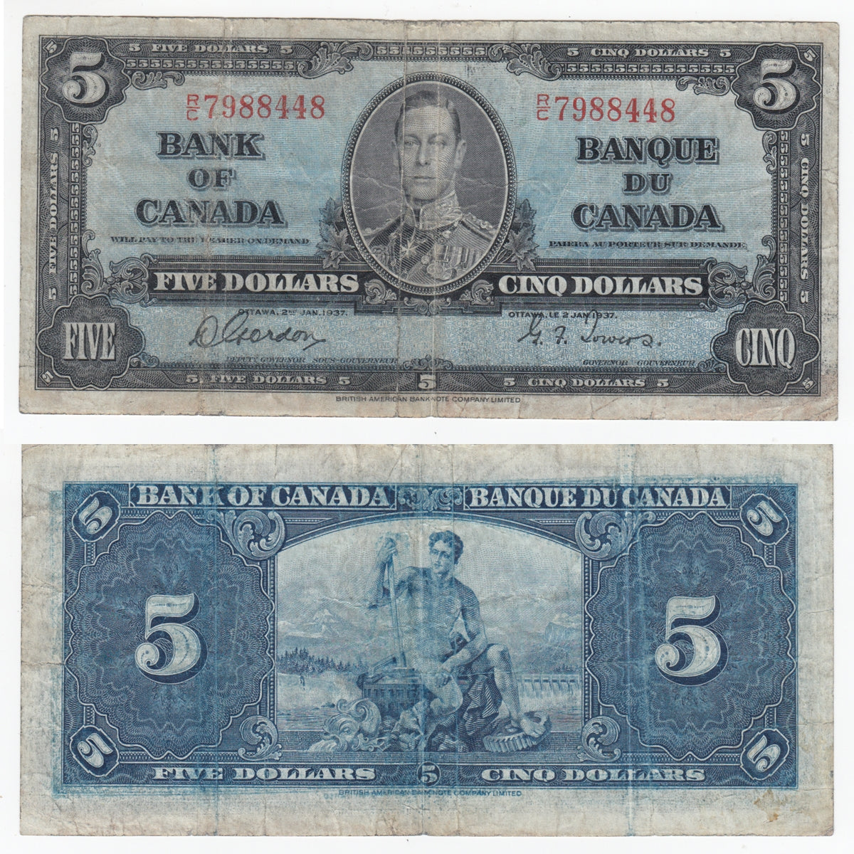 BC-23b 1937 Canada $5 Gordon-Towers, R/C, Fine (F12)