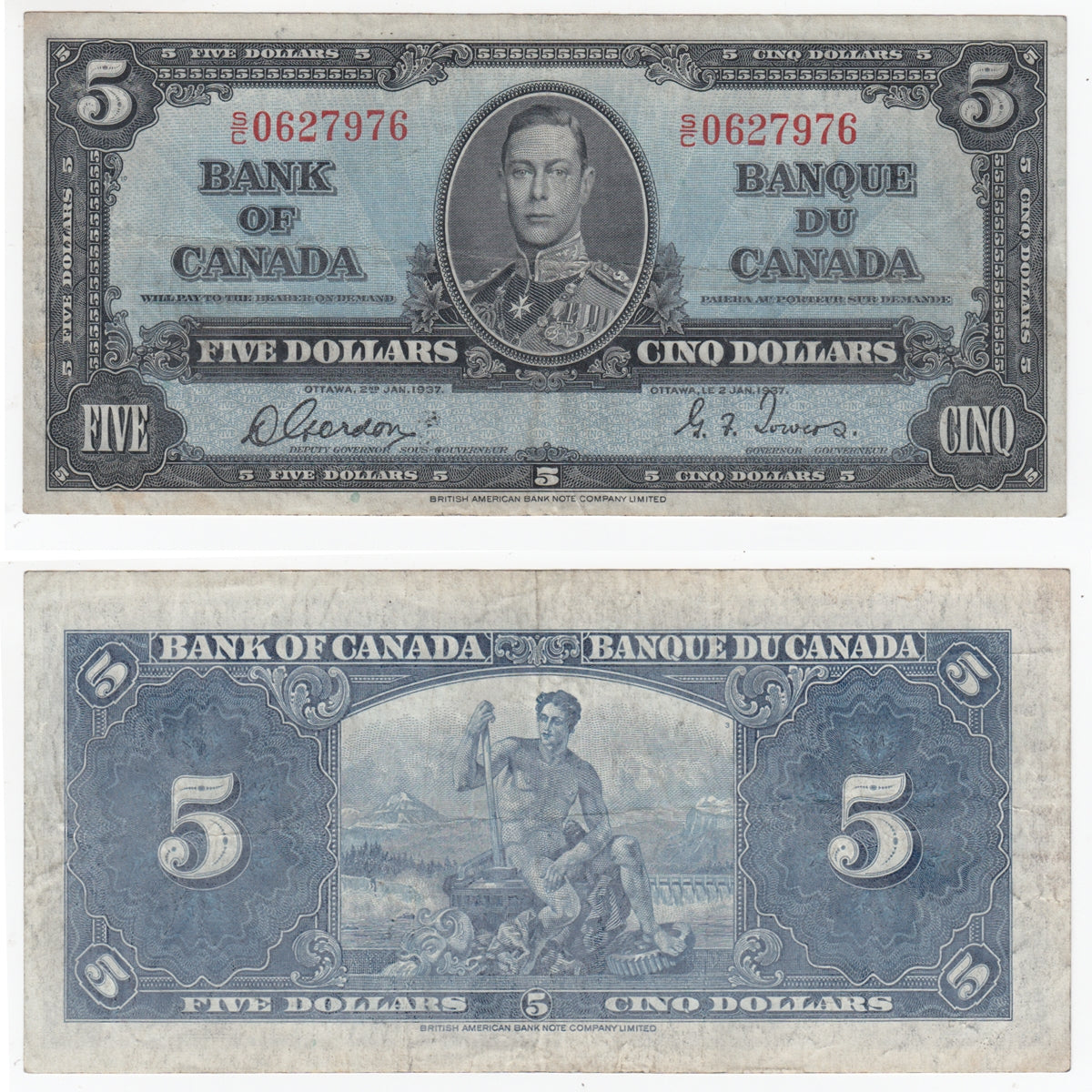 BC-23b 1937 Canada $5 Gordon-Towers, S/C, Very Fine (VF20)