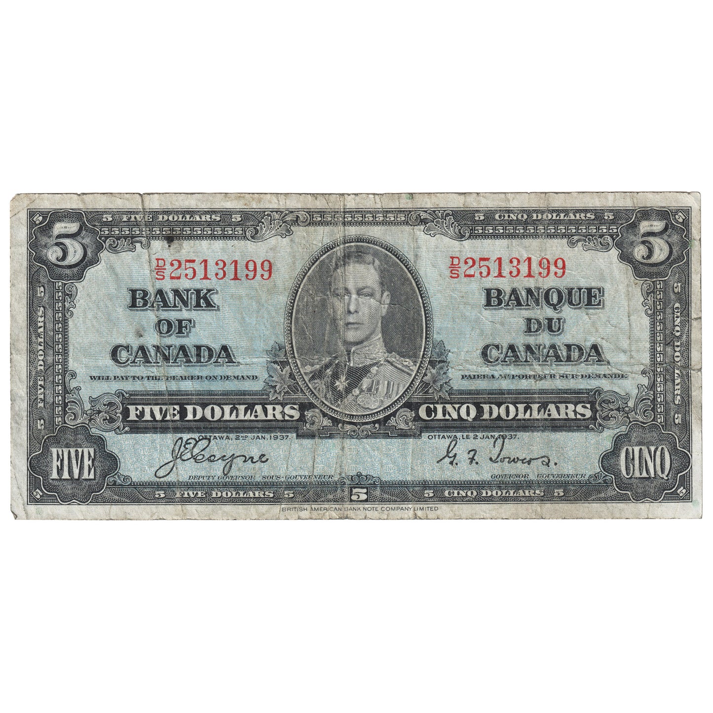 BC-23c 1937 Canada $5 Coyne-Towers, D/S, F