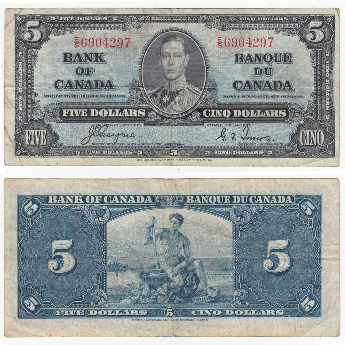 BC-23c 1937 Canada $5 Coyne-Towers, E/S, VF