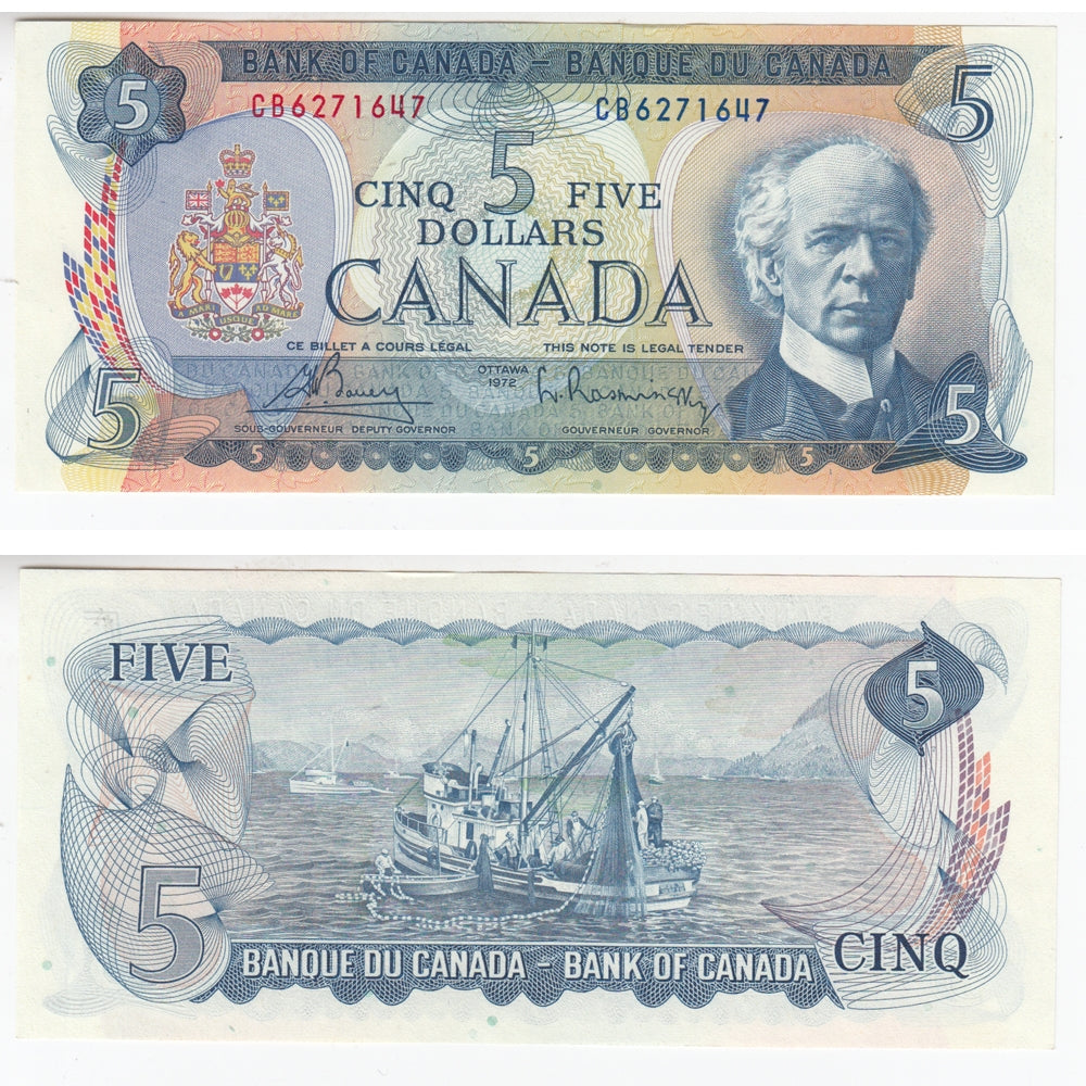 BC-48a 1972 Canada $5 Bouey-Rasminsky, CB, AU-UNC (AU55)