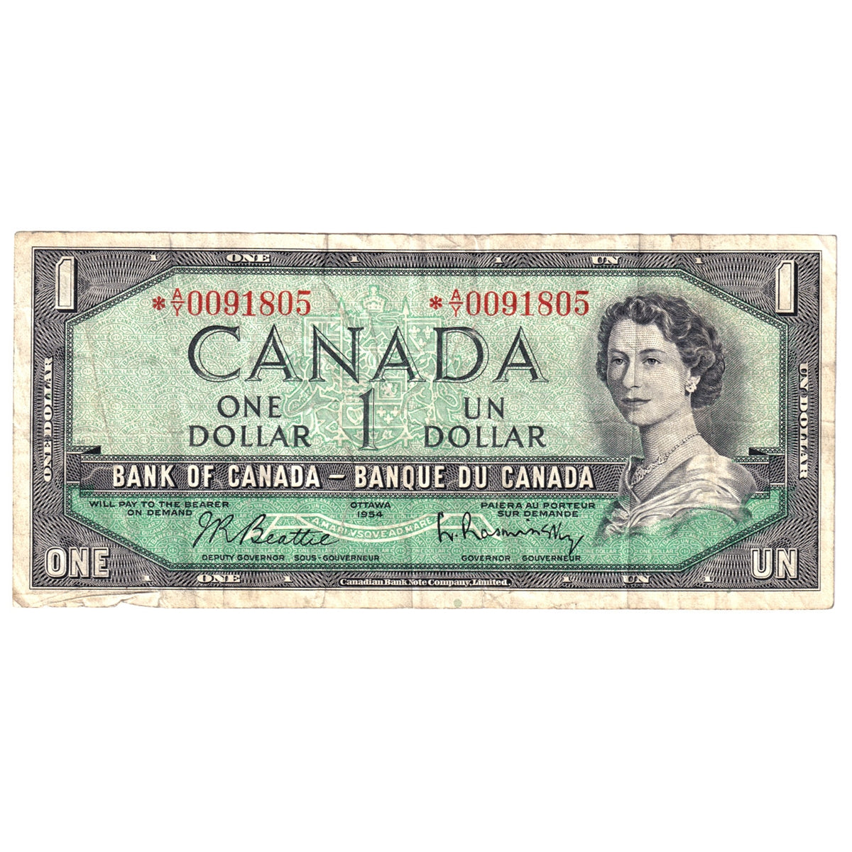 BC-37bA 1954 Canada $1 Beattie-Rasminsky, *A/Y, Circ