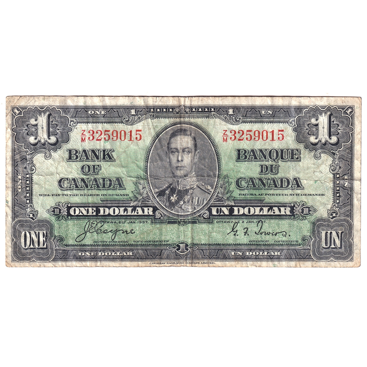 BC-21d 1937 Canada $1 Coyne-Towers, Z/M, F
