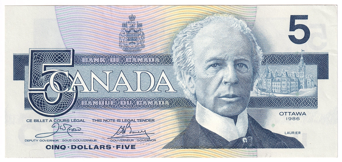 BC-56a 1986 Canada $5 Crow-Bouey, ENY, Almost Uncirculated (AU50)