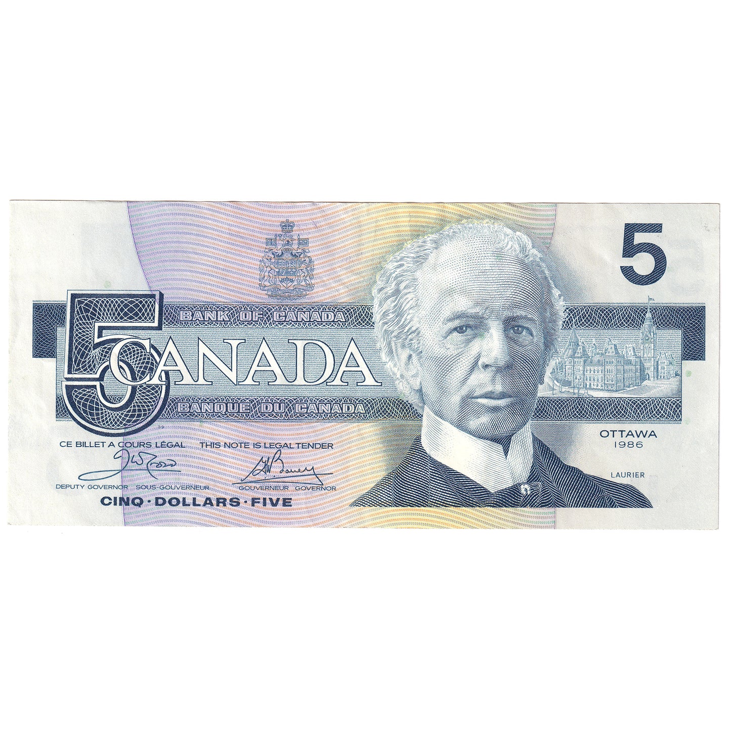 BC-56aA 1986 Canada $5 Crow-Bouey, ENX with Yellow Back Position Number, Extra Fine (EF40)