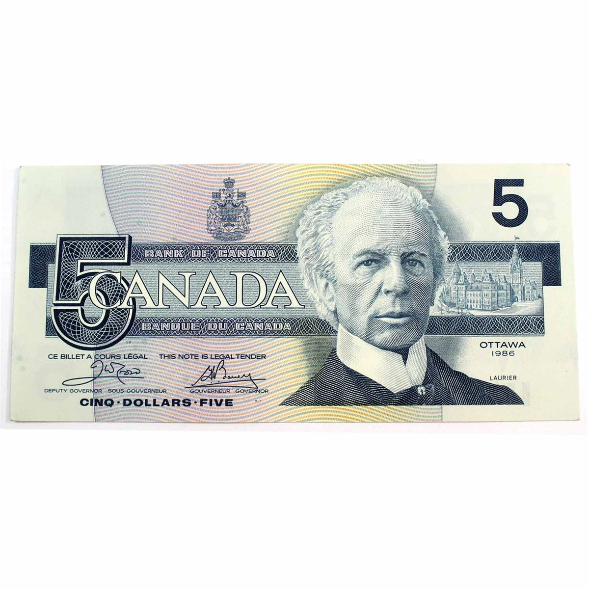 BC-56a-i 1986 Canada $5 Crow-Bouey, EOY, Almost Uncirculated (AU50)