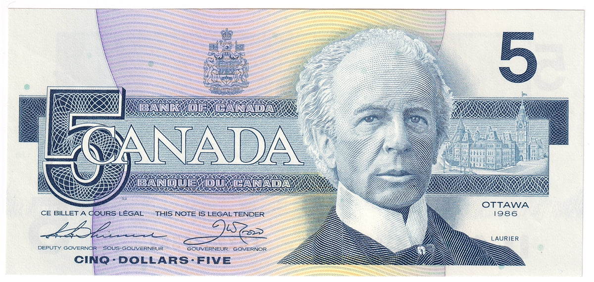 BC-56bA 1986 Canada $5 Thiessen-Crow, FNX Above 7.08M, Almost Uncirculated (AU50)