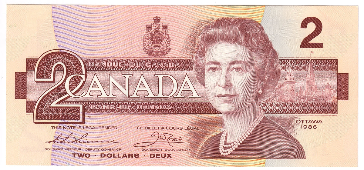 BC-55b 1986 Canada $2 Thiessen-Crow, BBK, Almost Uncirculated (AU50)