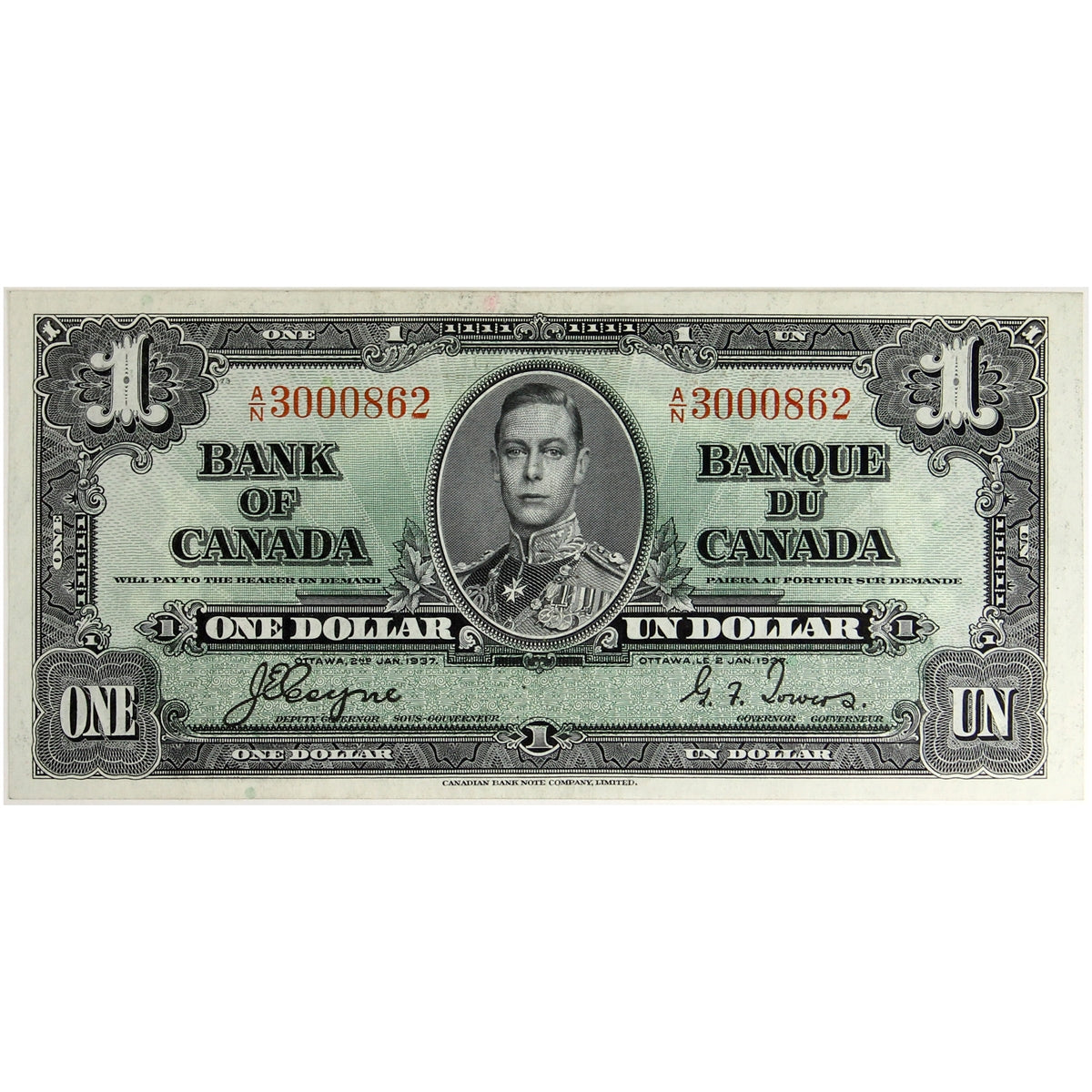 BC-21d 1937 Canada $1 Coyne-Towers, A/N, AU-UNC