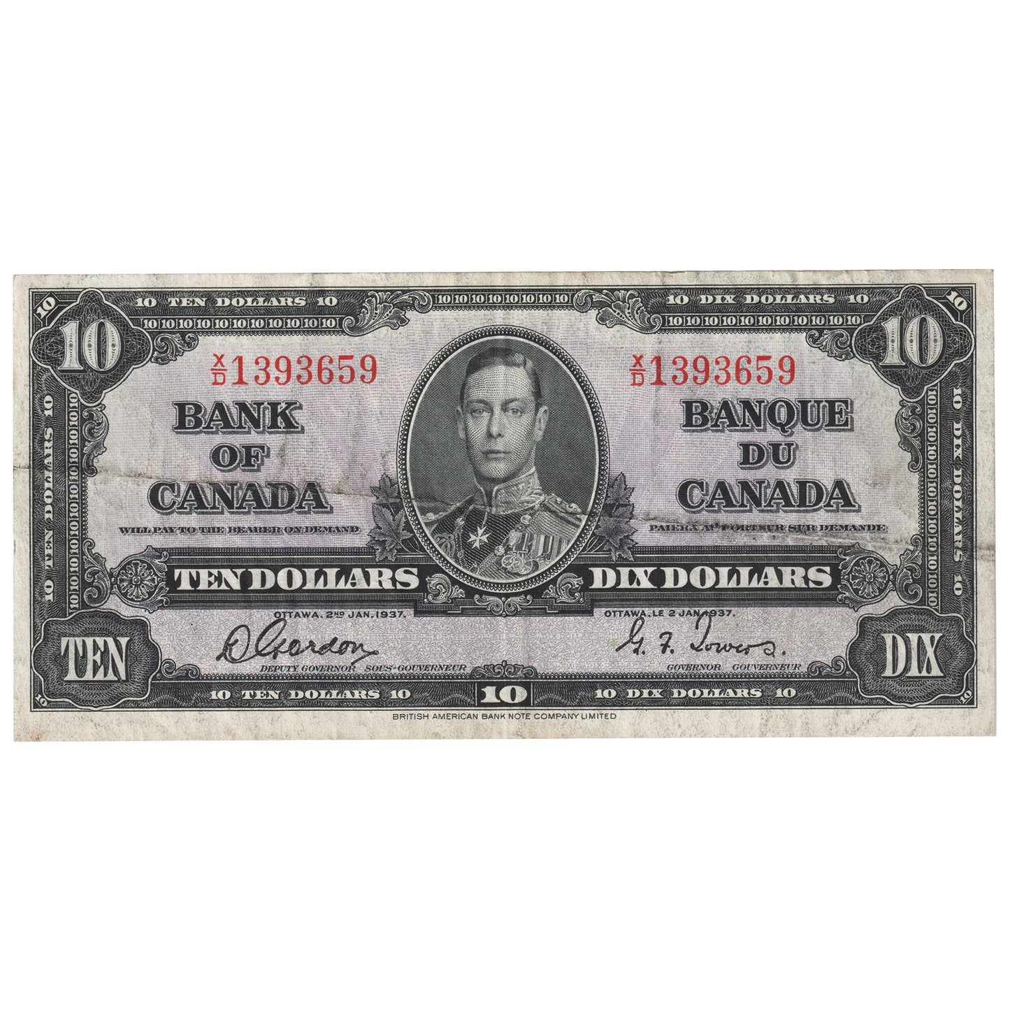 BC-24b 1937 Canada $10 Gordon-Towers, X/D, VF