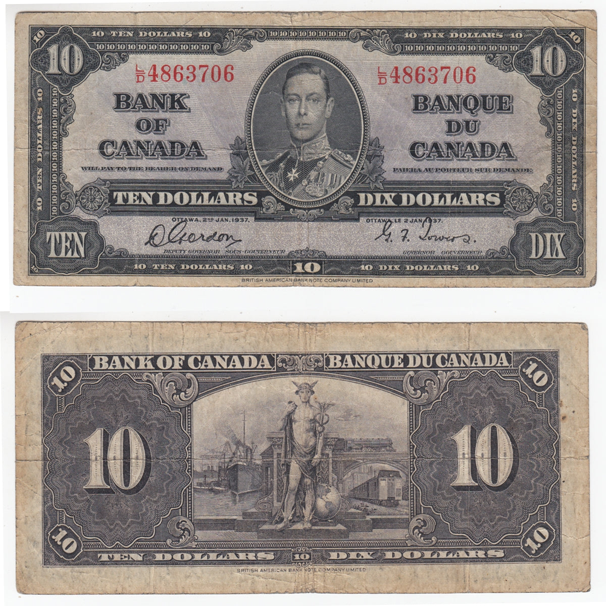 BC-24b 1937 Canada $10 Gordon-Towers, L/D, F
