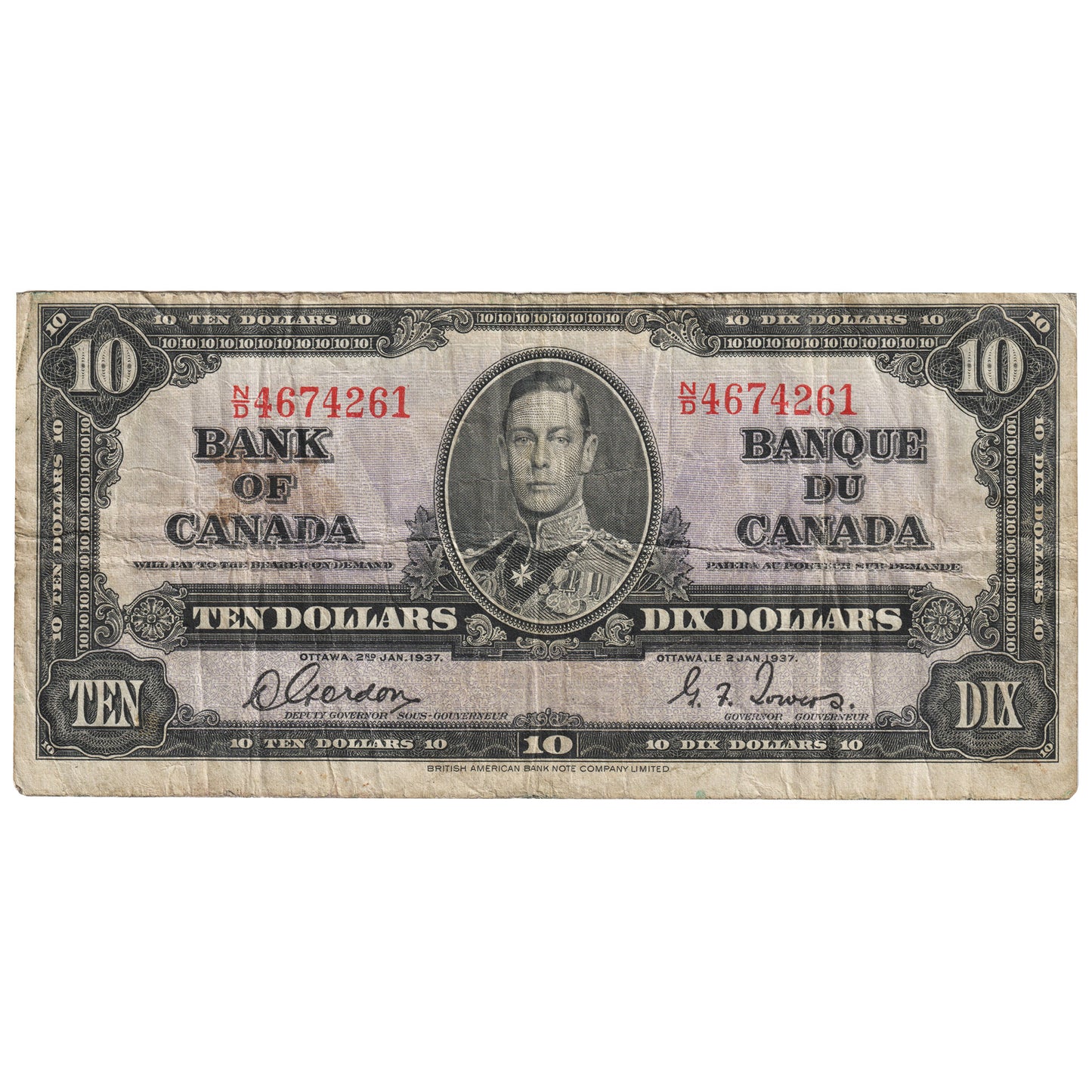 BC-24b 1937 Canada $10 Gordon-Towers, N/D, Circ