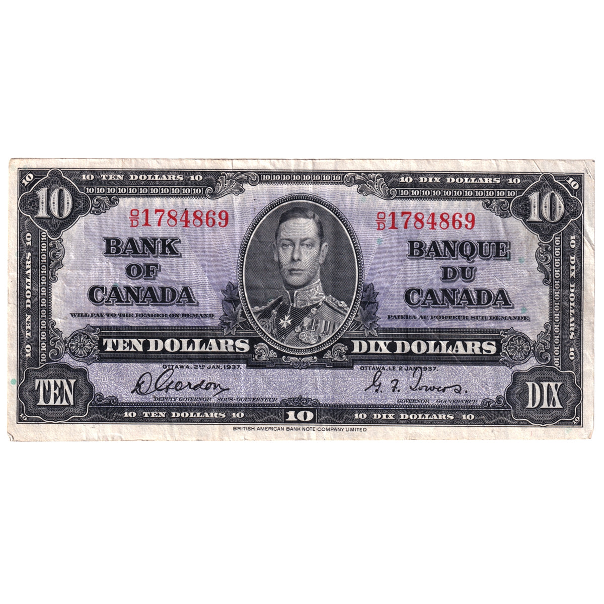 BC-24b 1937 Canada $10 Gordon-Towers, O/D, VF