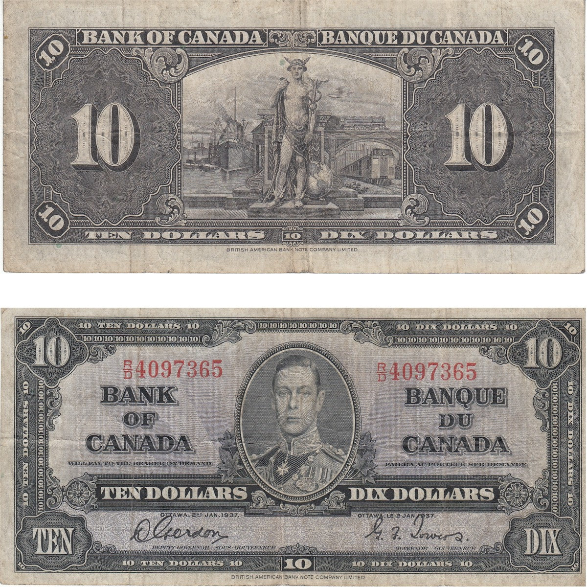 BC-24b 1937 Canada $10 Gordon-Towers, R/D, Fine (F12)