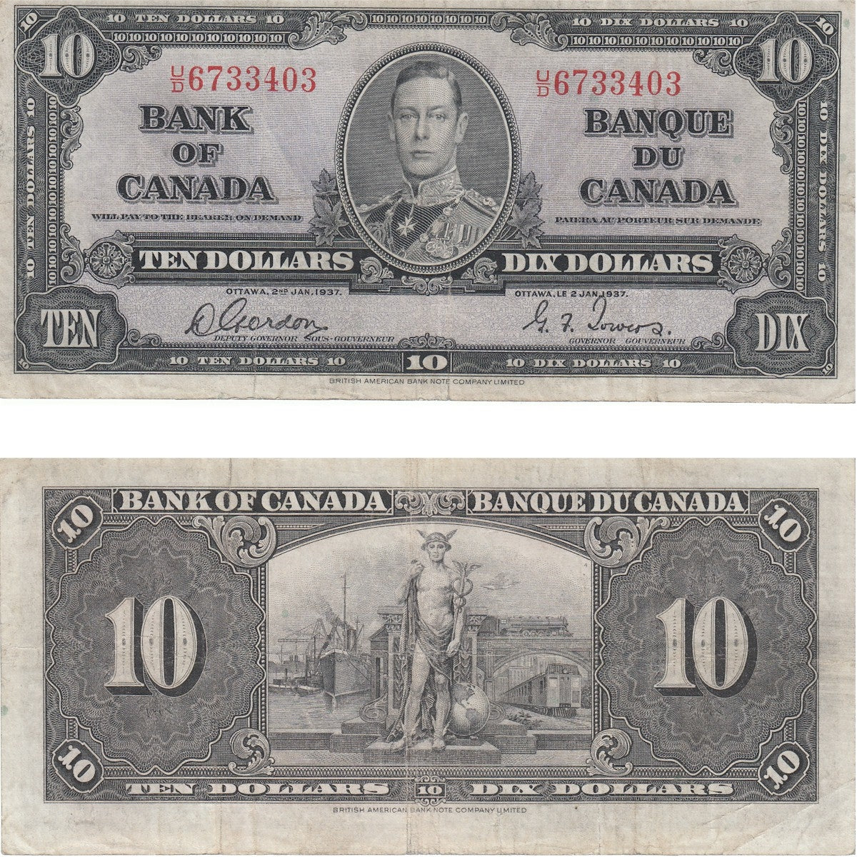 BC-24b 1937 Canada $10 Gordon-Towers, U/D, Fine (F12)